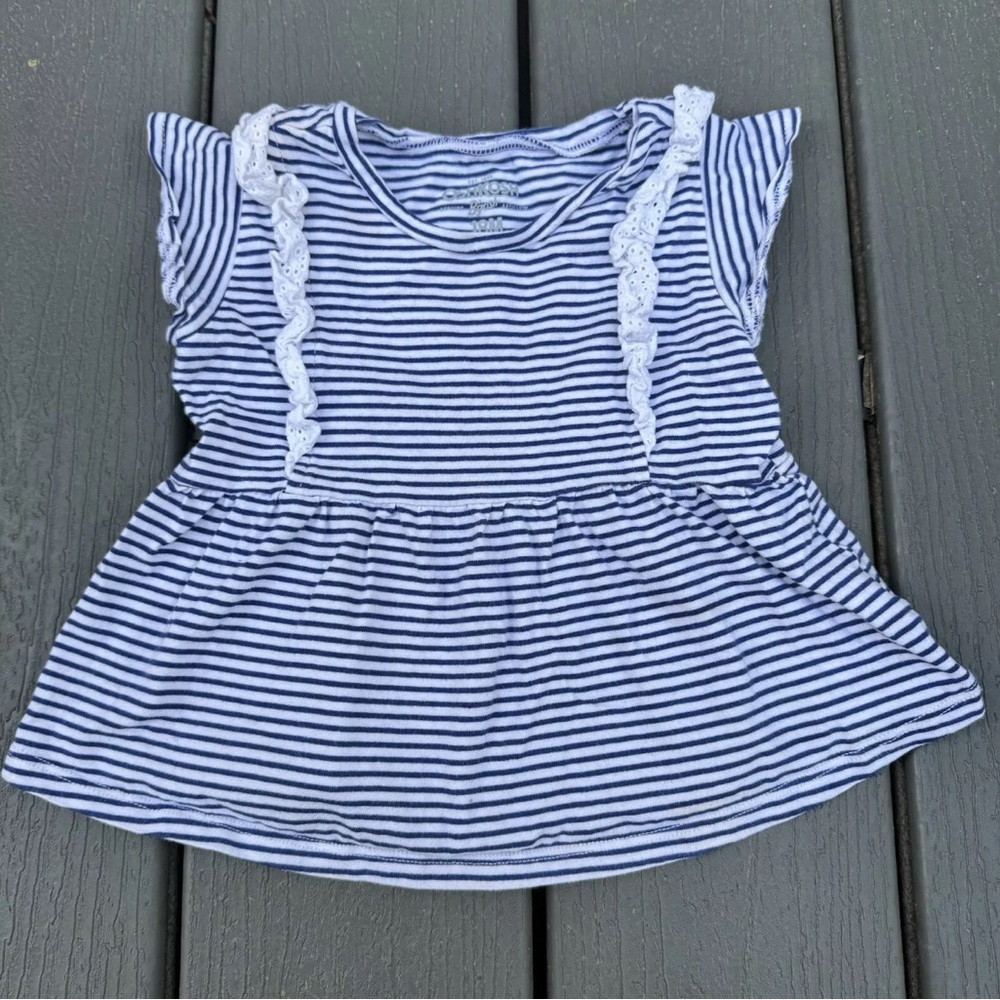 Oshkosh Baby Girls Size 18 Months Blue White Striped Lace Short Sleeve Tshirt